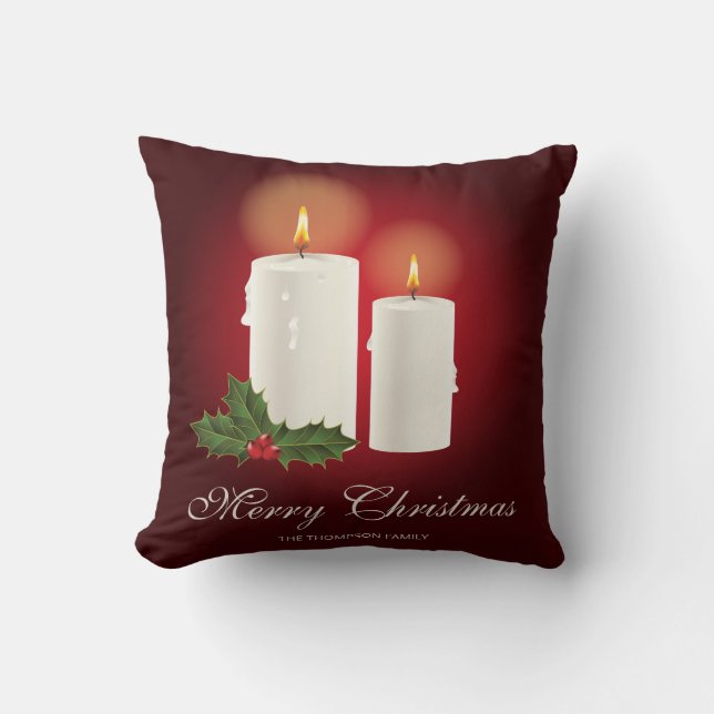 Coussin Bougies de Noël blanches sur fond rouge avec texte (Recto)