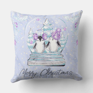 Coussin Boule à neige avec amis manchots mignons en aquare