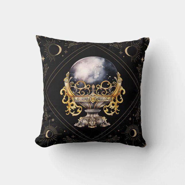Coussin Boule de cristal noir et or Halloween mystique (Recto)