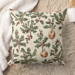 Coussin Boule de Noël en or et baie de houx crème vintage