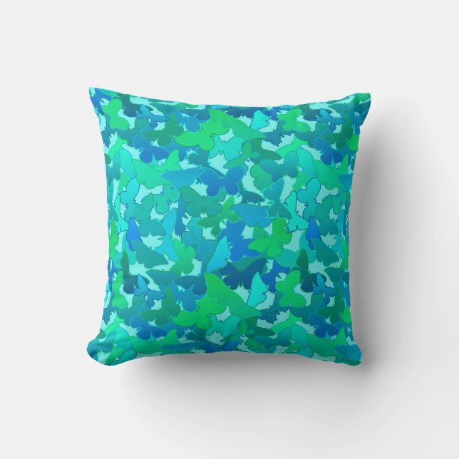 Coussin Boule de papillons, Turquoise, Aqua et Sky Blue (Recto)