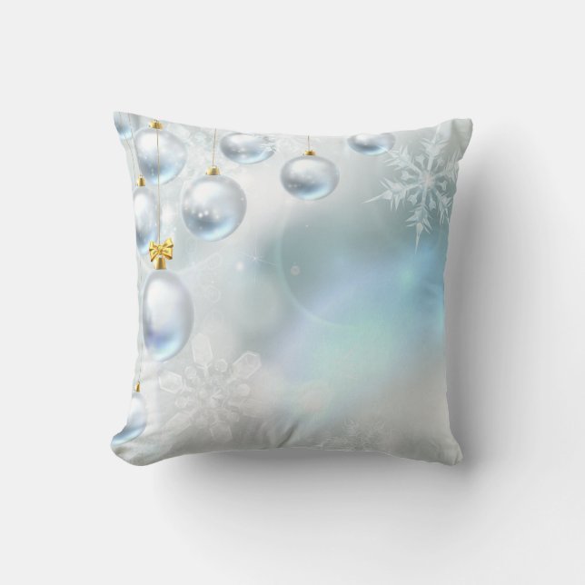 Coussin Boule décorative neige bleu et or Joyeux Noël (Recto)