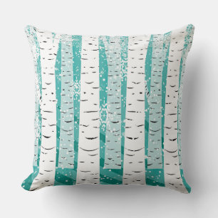 Coussin Bouleaux turquoise et blanche et flocons de neige