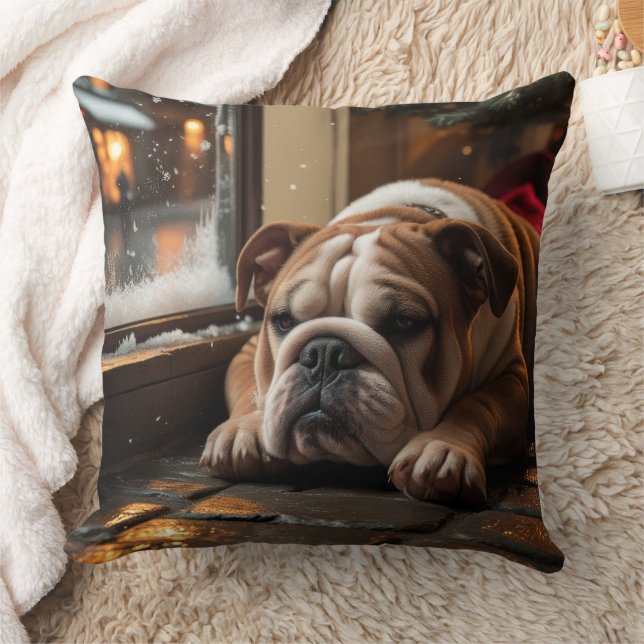 Coussin Bouledogue avec lumières de Noël vacances (Couverture)