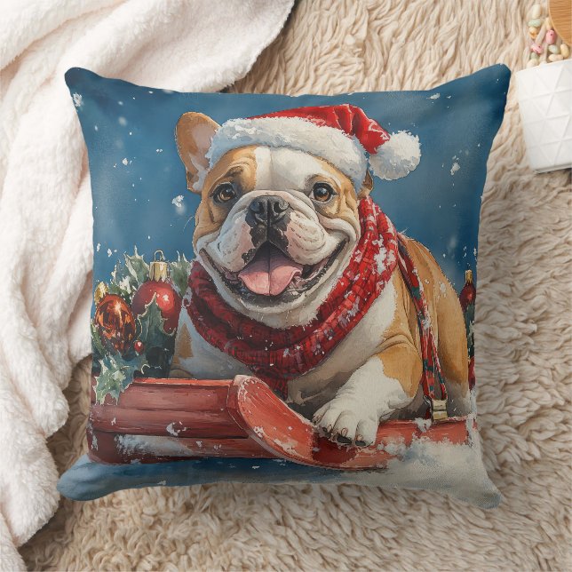 Coussin Bouledogue en traîneau Laissez neige Noël (Couverture)