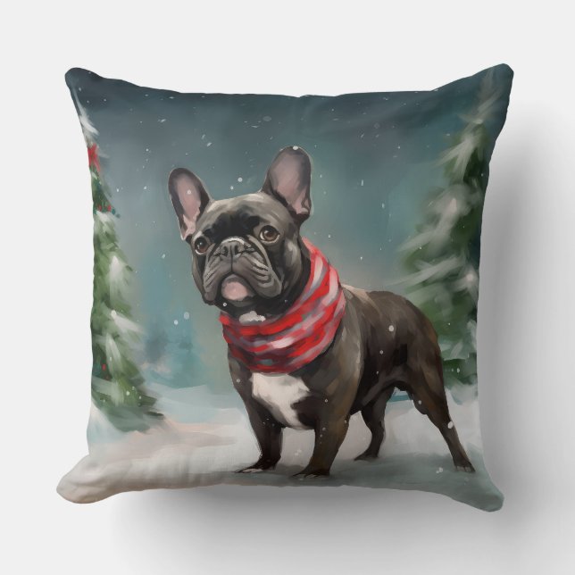 Coussin Bouledogue français dans la neige Noël (Recto)