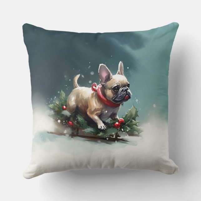 Coussin Bouledogue français Noël neige hiver (Verso)