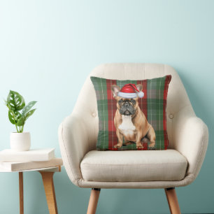 Coussin Bouledogue Français Rouge Vert Fête Plaid Noël
