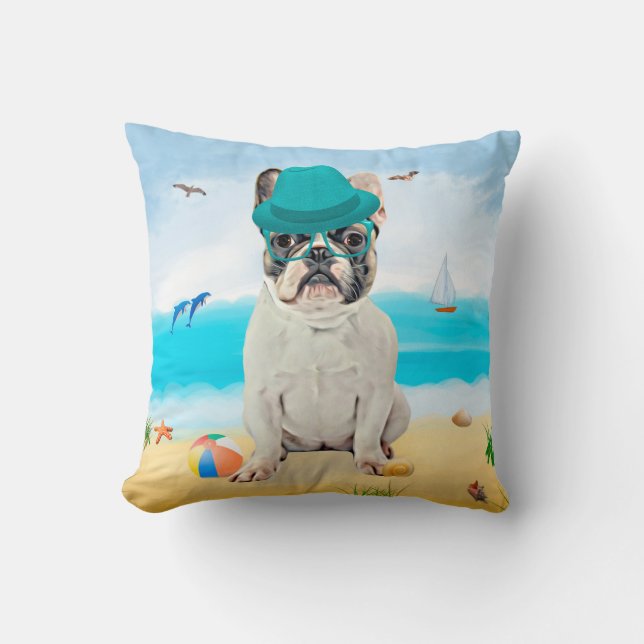 Coussin Bouledogue français sur la plage (Recto)