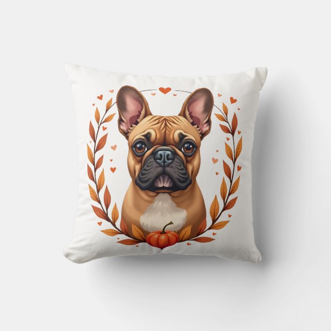 Coussin Bouledogue français vintage avec couronne de feuil (Recto)