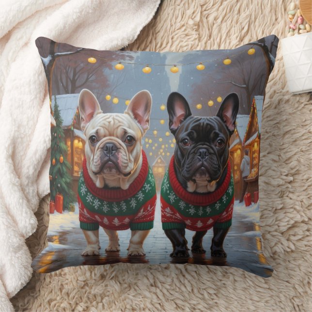 Coussin Bouledogues français Noël Neige Vacances (Couverture)