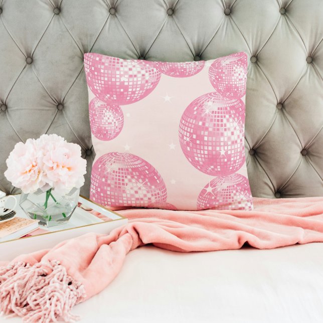 Coussin Boules de disco rose clair, style rétro féminin (Créateur téléchargé)