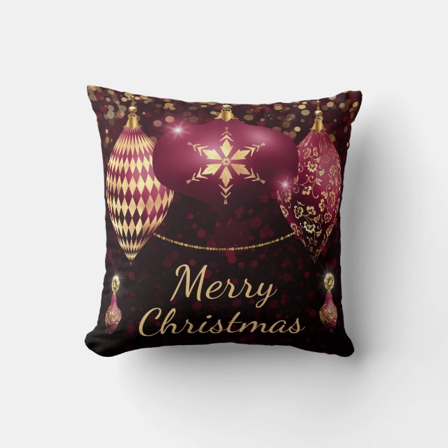 Coussin Boules de Noël Burgundy et dorées pailletées (Recto)