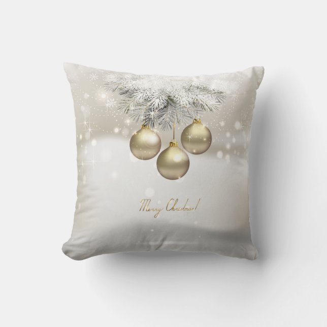 Coussin Boules de Noël d'or et branches de pins d'argent (Recto)
