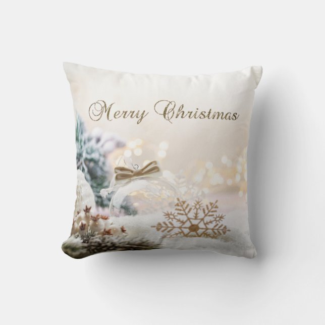 Coussin Boules de Noël Élégantes,Flocons de neige dorés  (Recto)
