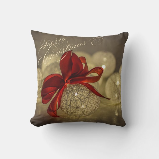 Coussin Boules de Noël, ruban rouge, guirlandes lumineuses (Recto)