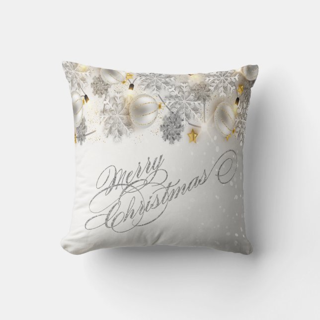 Coussin Boules de Noël, Snowflakes, Lumières, Joyeux Noël (Recto)