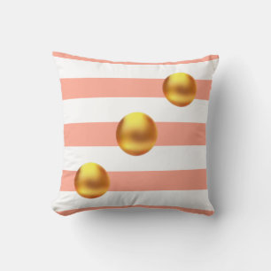 Coussin Boules dorées élégantes sur rayures roses et blanc