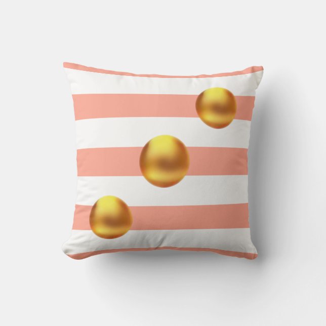 Coussin Boules dorées élégantes sur rayures roses et blanc (Recto)