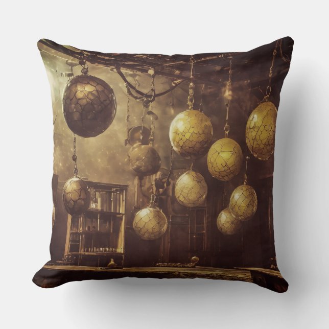 Coussin Boules volantes, dans un laboratoire steampunk (Recto)