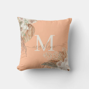 Coussin Bouquet aquarelle boho Monogrammé Fuzz pêche