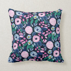 Coussin Bouquet d'aquarelle bleu marine rose