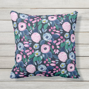 Coussin Bouquet d'aquarelle bleu marine rose