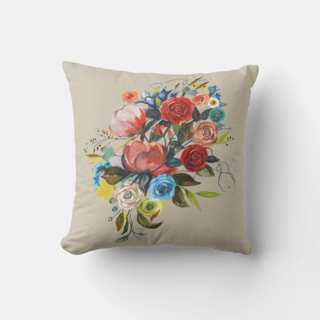 Coussin Bouquet d'aquarelle doux Taupe personnalisable (Recto)