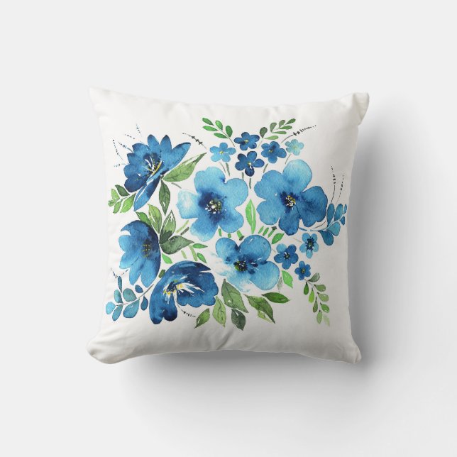 Coussin Bouquet d'aquarelle, fleurs tendres bleu clair. (Recto)