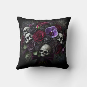Coussin Bouquet de crâne floral gothique foncé Halloween