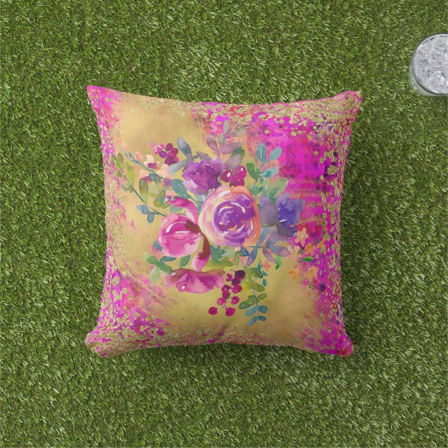 Coussin Bouquet de fleurs d'aquarelle sur Parties scintill (Herbe)
