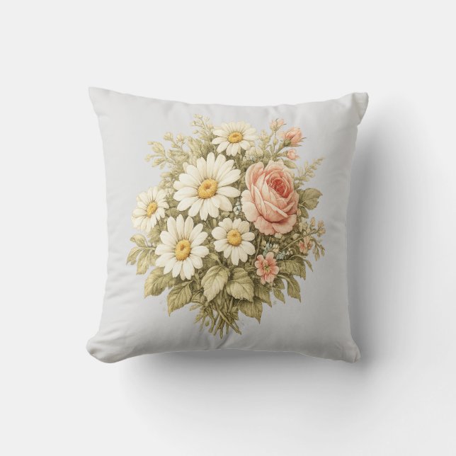 Coussin Bouquet de fleurs Roses et Marguerites Vintage  (Recto)