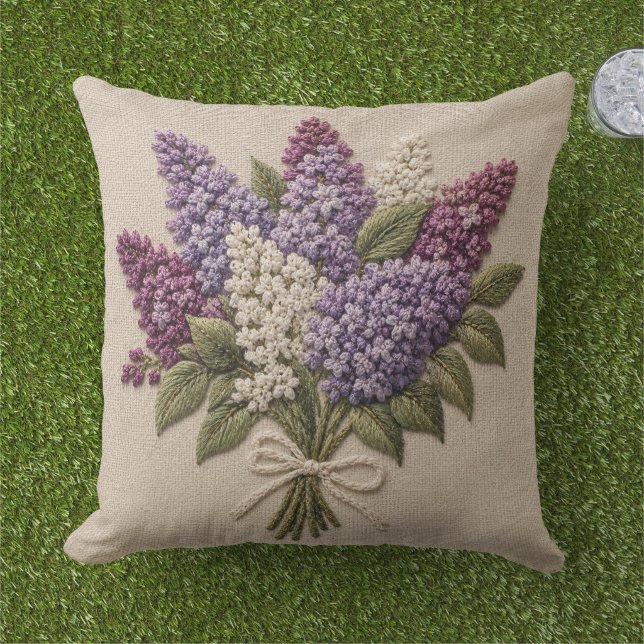 Coussin Bouquet de lilas brodé – Lin à faux broderie  (Herbe)