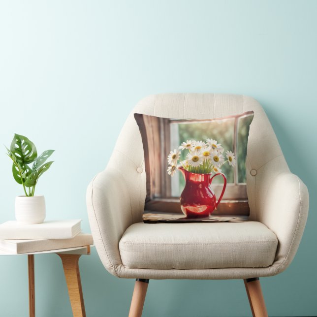 Coussin Bouquet de pâquerettes blanches dans un pichet rou (Chaise)