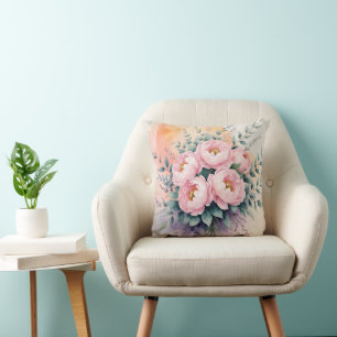 Coussin "Bouquet de pivoines rose à l'aube Fleur aquarel