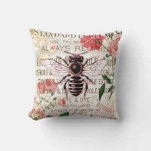 Coussin Bouquet de rose abeille vintage Ephemera Découpage