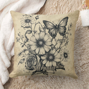 Coussin Bouquet de rose marguerite papillon sépia vintage