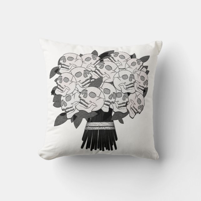Coussin Bouquet de roses crâniennes noir et blanc (Recto)