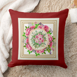 Coussin Bouquet de roses roses aquarelle élégant rouge