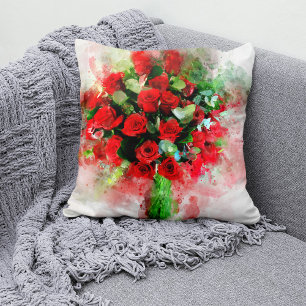 Coussin Bouquet de roses rouges aquarelle sur fond blanc