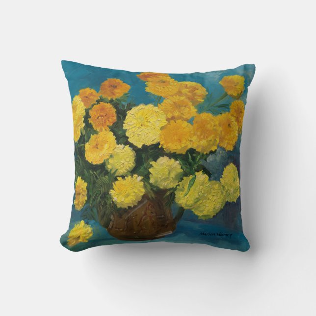 Coussin Bouquet de souci--Support bleu (Recto)