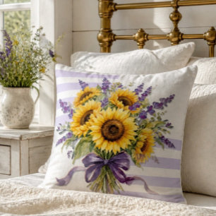 Coussin Bouquet de tournesol et de lavande à l'aquarelle r