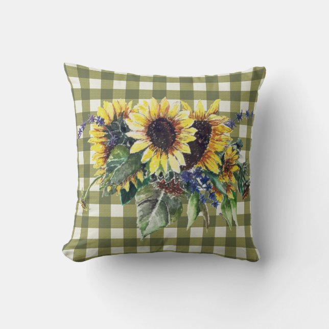 Coussin Bouquet de tournesol sur En vichy vert (Recto)