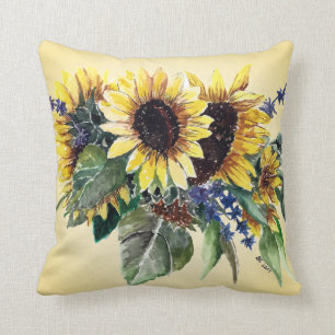 Coussin Bouquet de tournesol sur jaune pâle