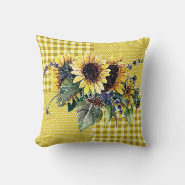 Coussin Bouquet de tournesol sur Motif En vichy Jaune (Recto)