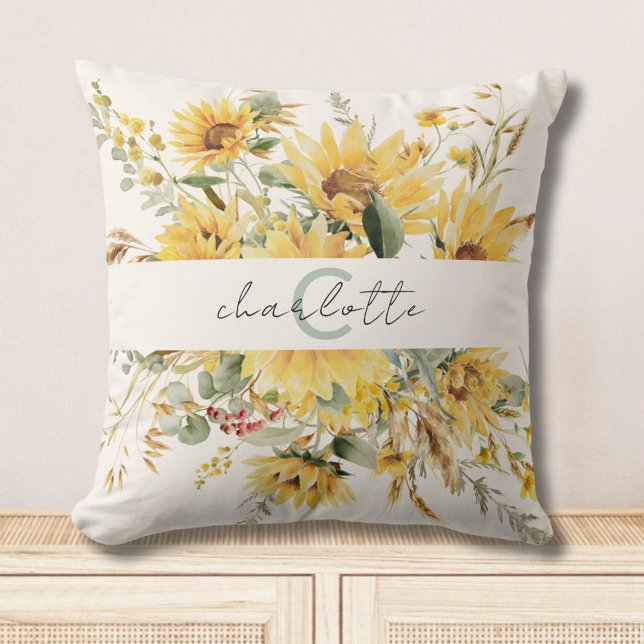 Coussin Bouquet de tournesols à l'aquarelle avec monogramm (In situ)