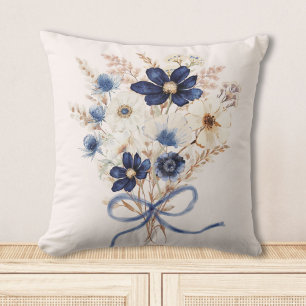 Coussin Bouquet Floral Aquarelle Fleur Bleu Marine