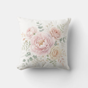Coussin Bouquet floral aquarelle rose poudré et champagne