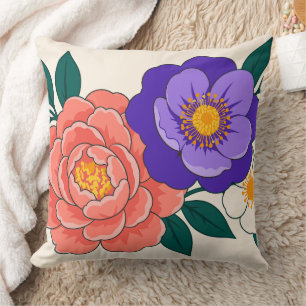 Coussin Bouquet floral avec fleurs violettes et corail