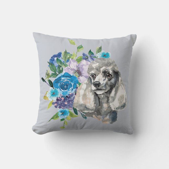 Coussin Bouquet floral bleu Chien de canne gris (Recto)